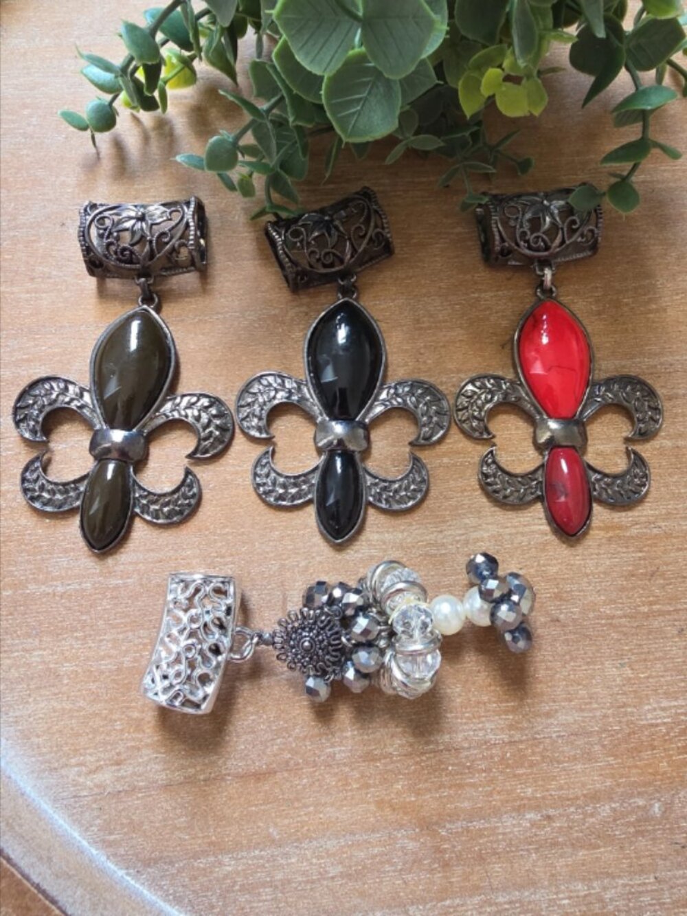 Fleur de Lis Scarf Slide Lot Set of 3 Silver Tone Stone Crystal Louisiana